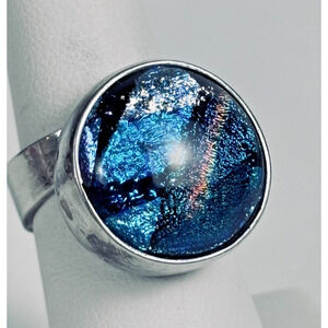 925 Sterling Silver Vintage Dichroic Glass Modernist Ring Size 7.25 / 13.4 Grams